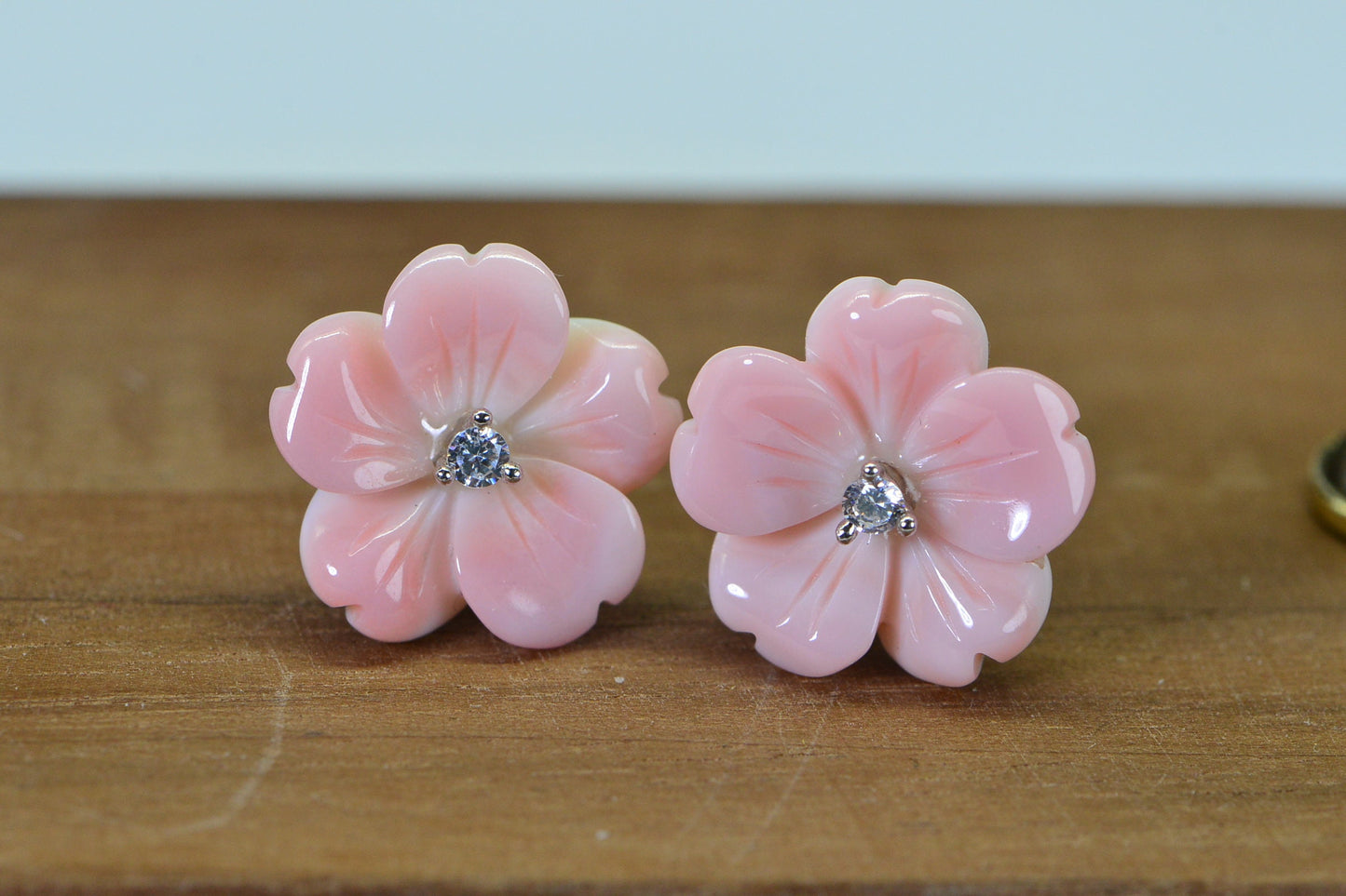 Queen Conch Pink Flower Earrings: Carved Rose, Simulated Diamond, Sterling Silver