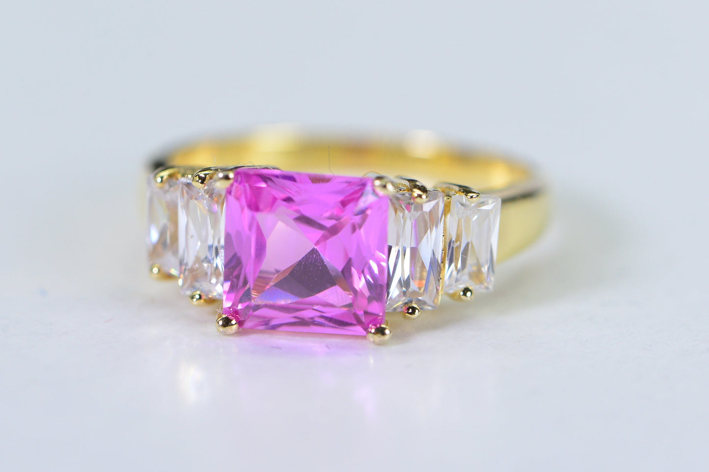 Hot Pink Sapphire Princess Cut Ring: 14K Gold Over Sterling Silver