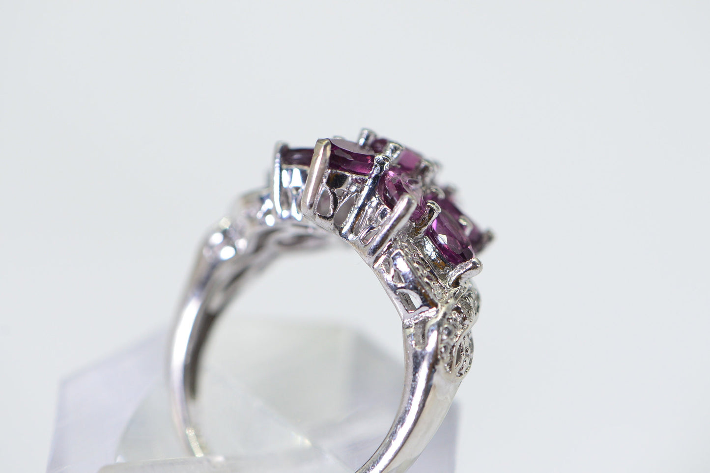 Rhodolite Garnet Flower Ring: 14K White Gold Over Sterling Silver