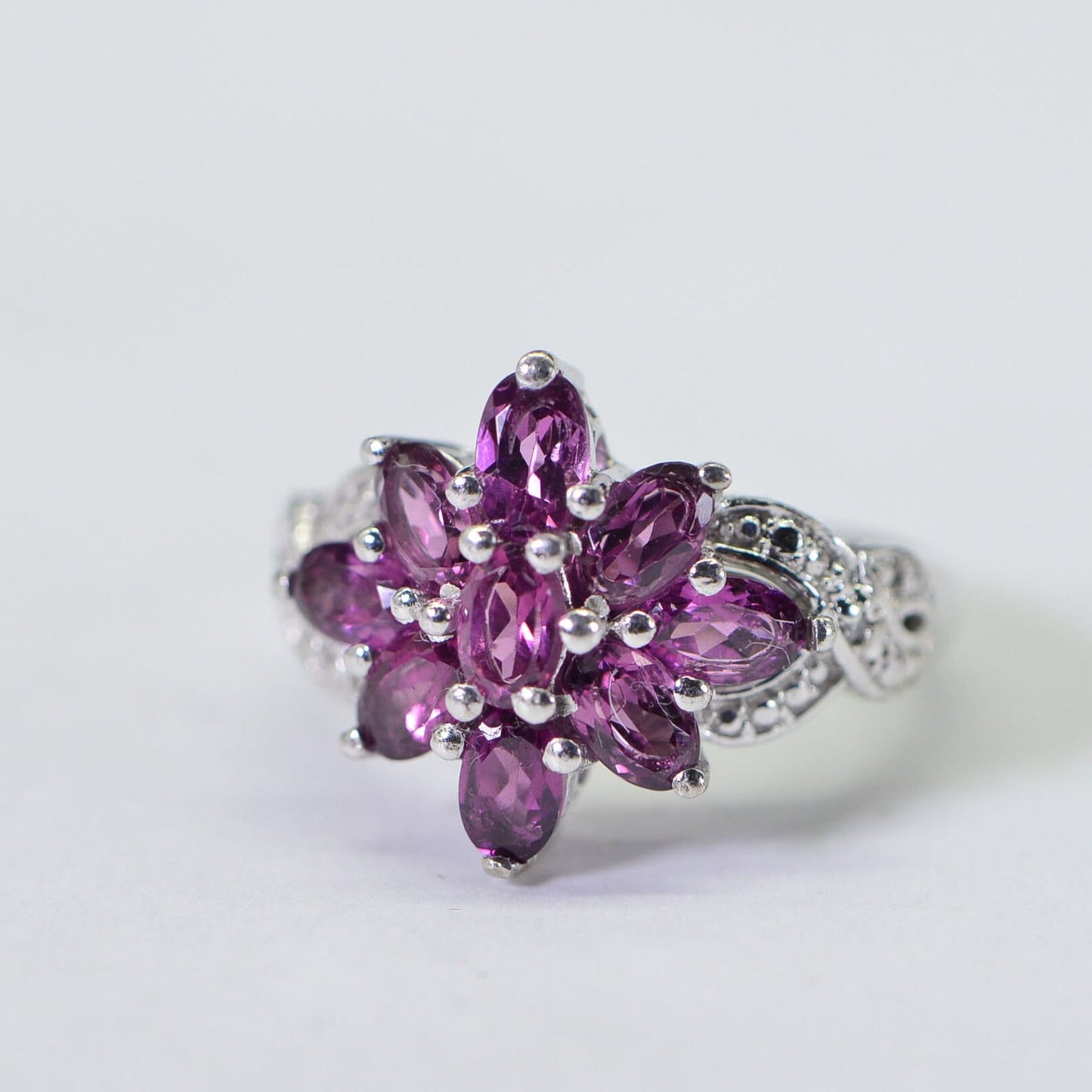 Rhodolite Garnet Flower Ring: 14K White Gold Over Sterling Silver