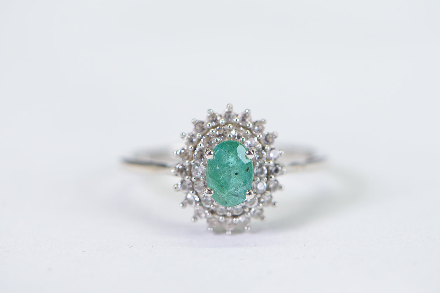 Colombian Emerald Ring, White Zircon Halo, Rhodium Sterling Silver