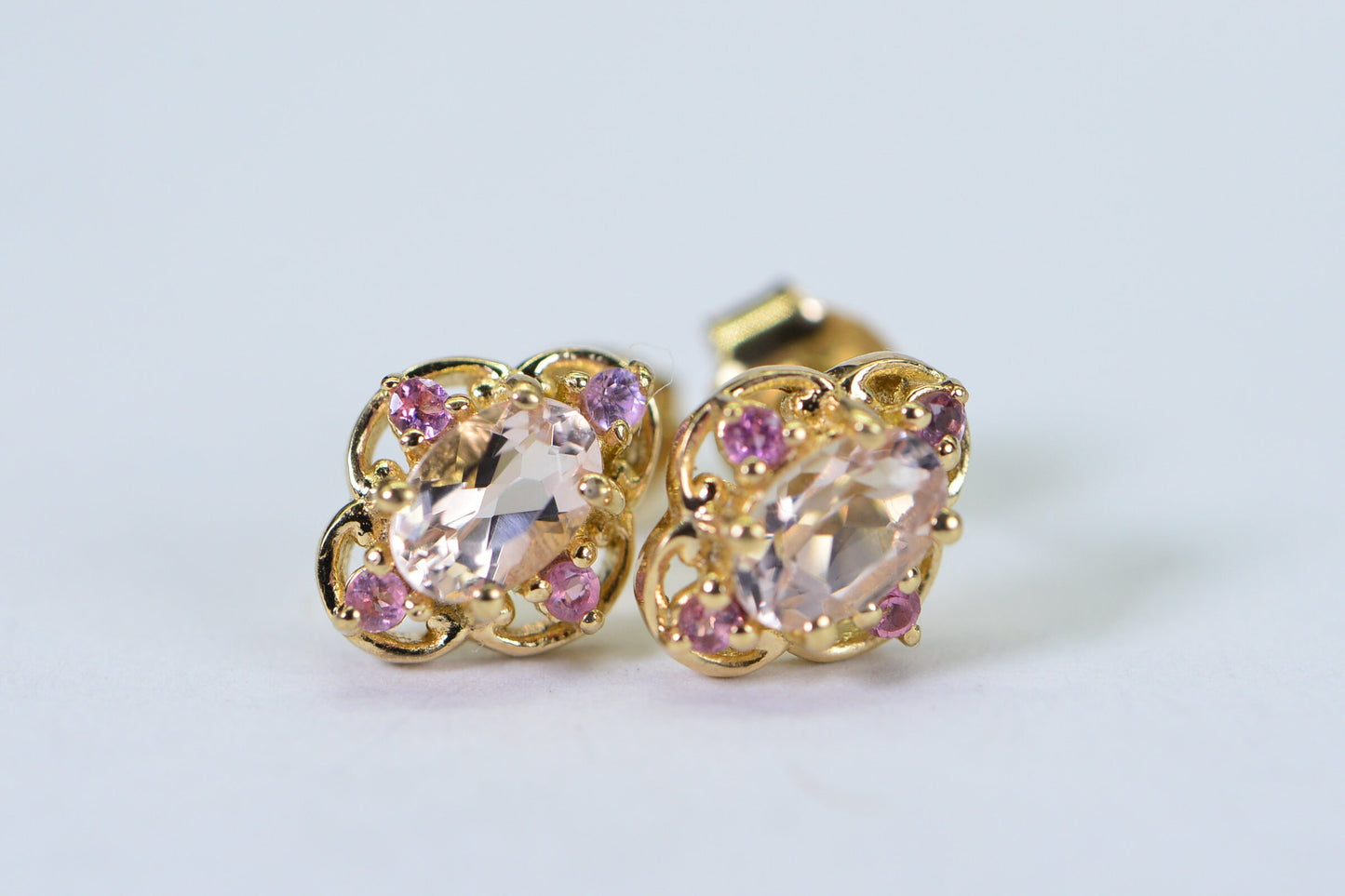 Morganite and Pink Sapphire Stud Earrings: 14K Gold Vermeil