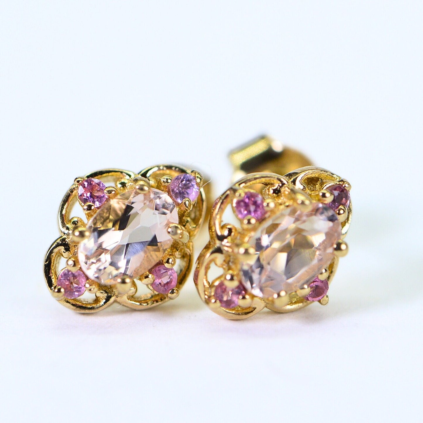 Morganite and Pink Sapphire Stud Earrings: 14K Gold Vermeil