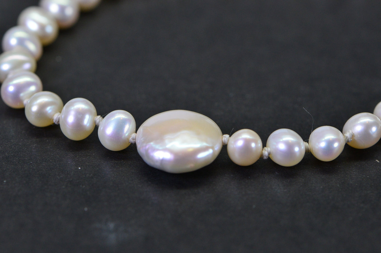 Freshwater Pearl Coin and Round Off Knotted Necklace Sterling Silver Lobster Claw