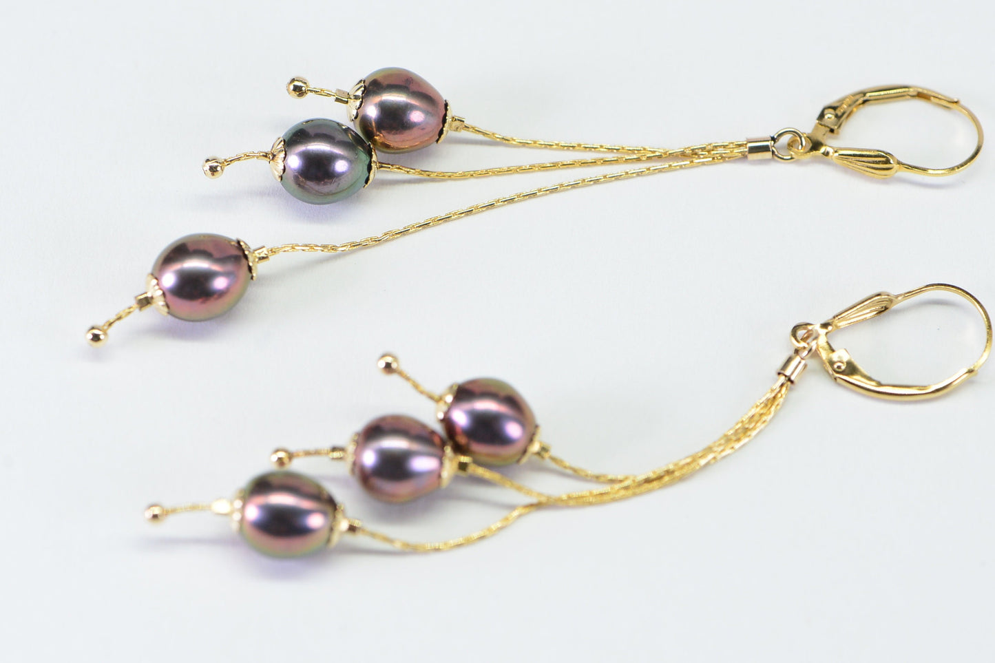 Tahitian Black Pearl Dangle Earrings: 14K Gold Filled Chain, Wedding Jewelry