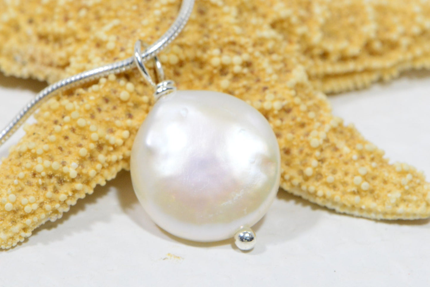AAA White Freshwater Pearl Coin Pendant - Silver Plated