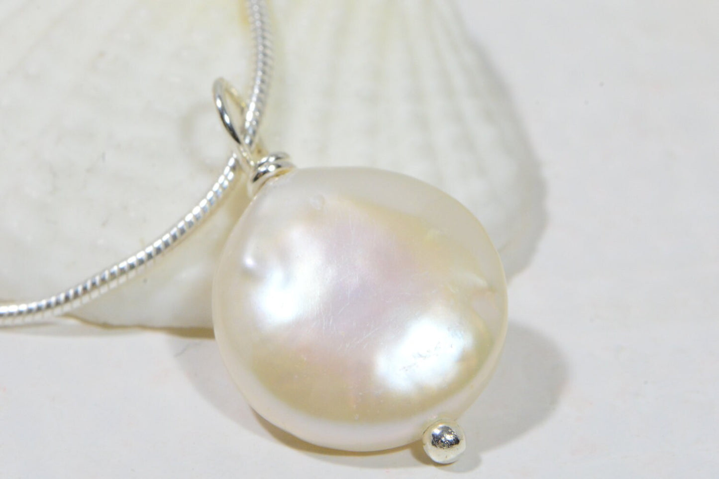 Bridesmaid Coin Pearl Pendant, Silver Wire Wrapped