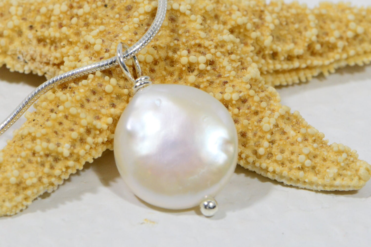 AAA White Freshwater Pearl Coin Pendant - Silver Plated