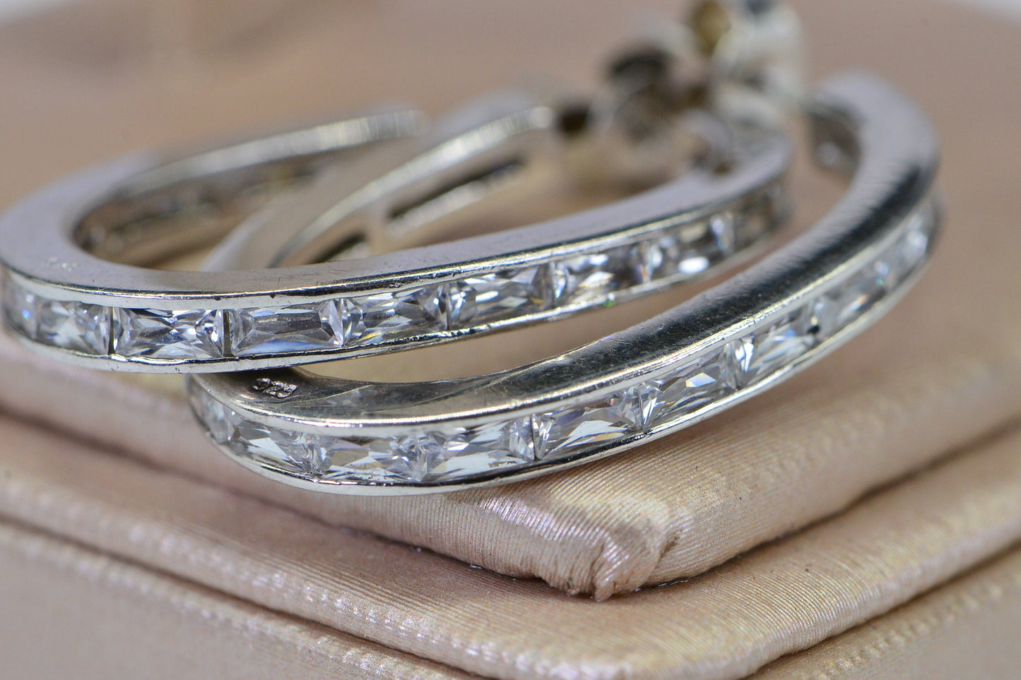 Vintage Baguette CZ Hoop Earrings: 14K White Gold over Sterling Silver
