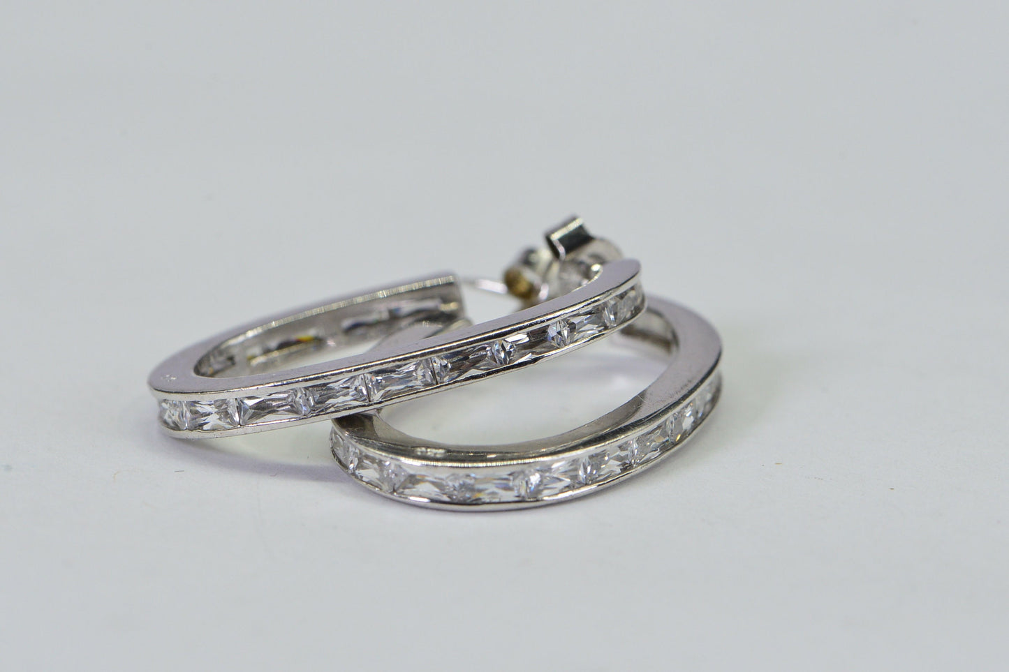 Vintage Baguette CZ Hoop Earrings: 14K White Gold over Sterling Silver