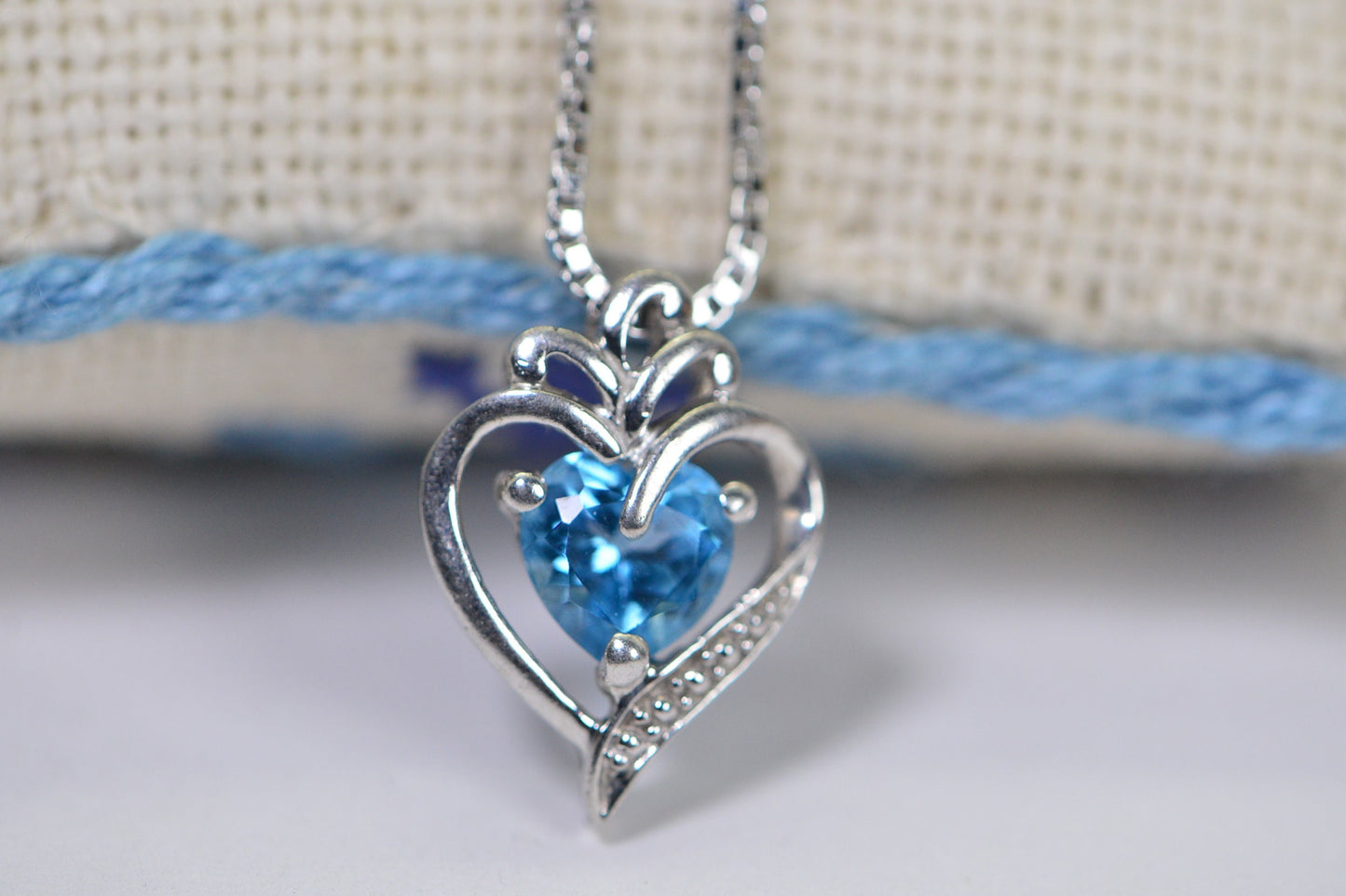 Blue Topaz Heart Pendant: Filigree Sterling Silver, 14K White Gold Finish
