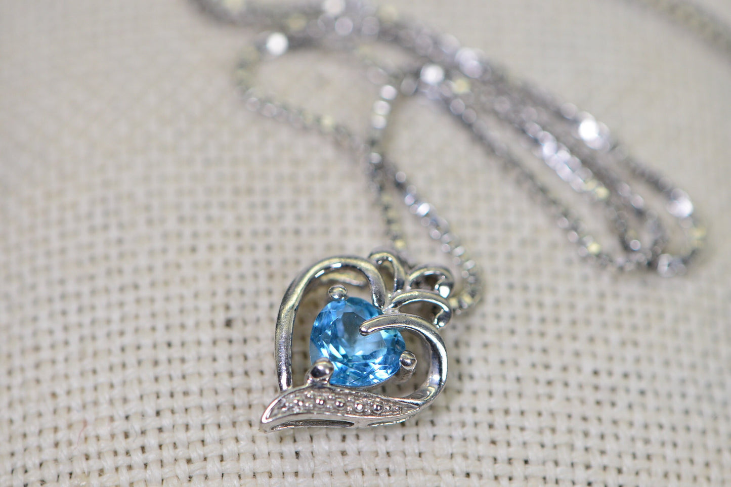 Blue Topaz Heart Pendant: Filigree Sterling Silver, 14K White Gold Finish