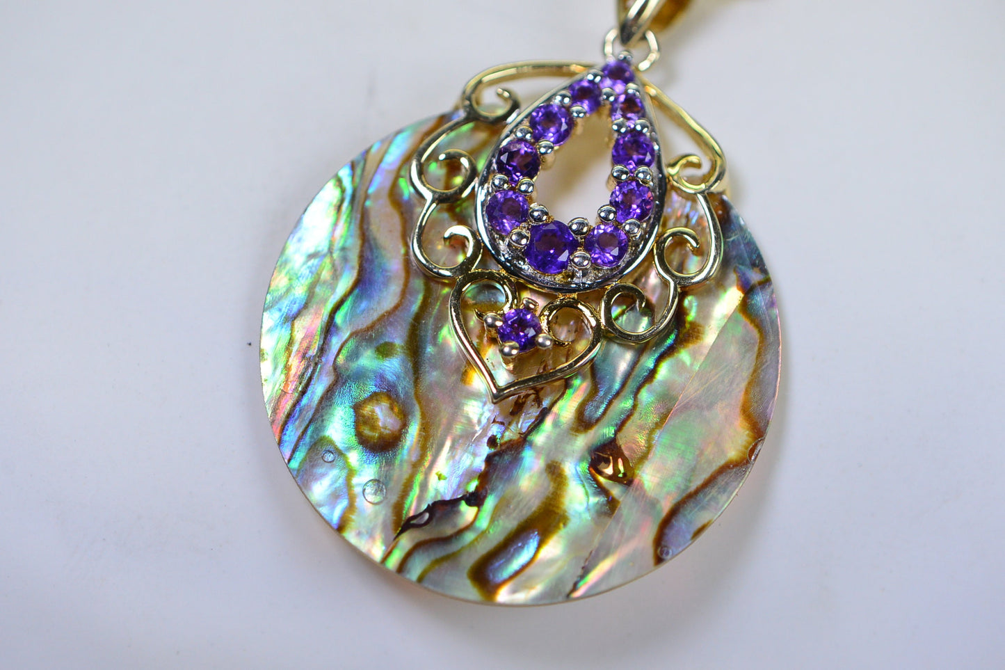 Abalone Shell Pendant: 14K Gold, Amethyst Gemstone Circle