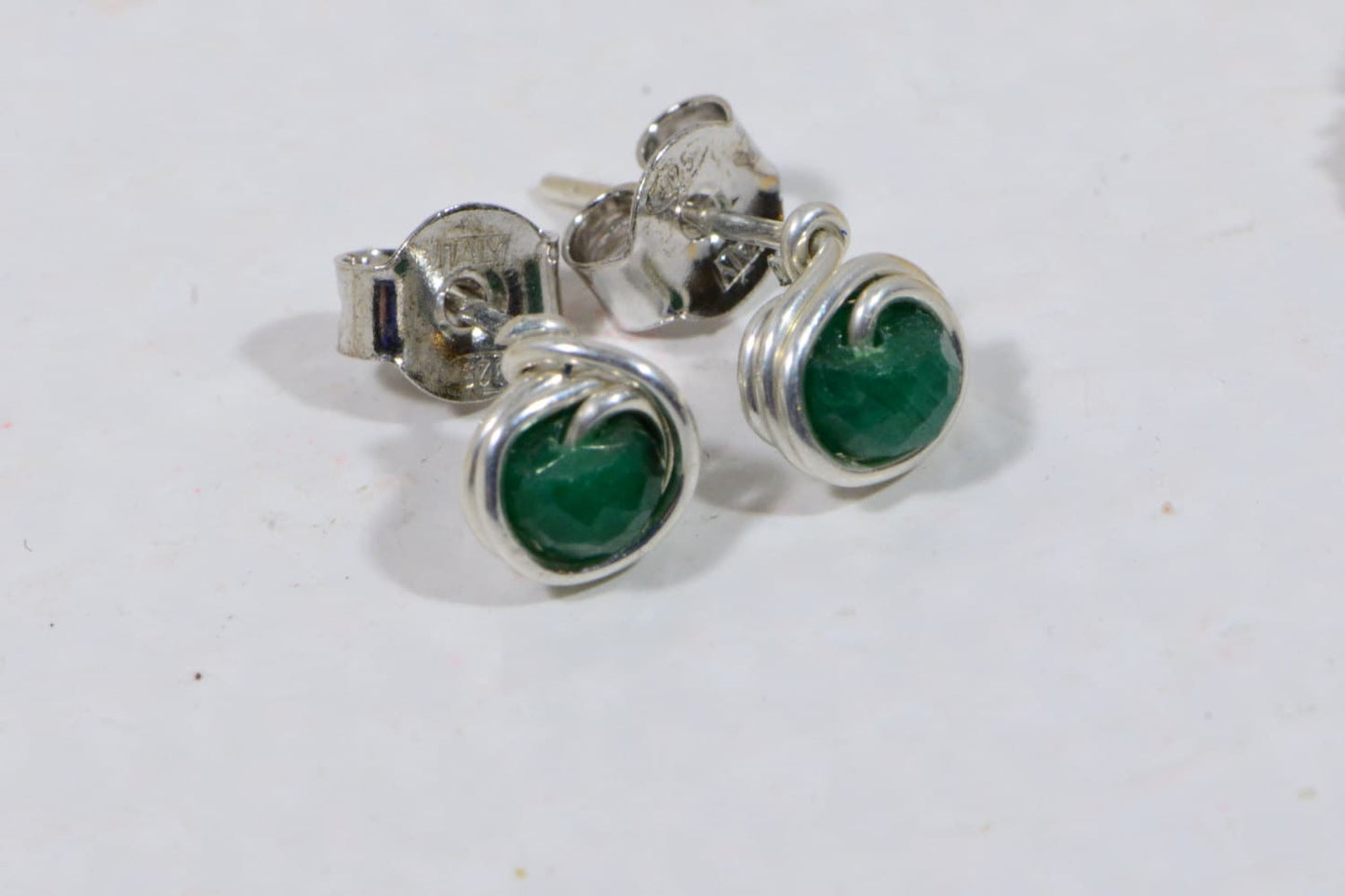 Emerald Stud Earrings, Sterling Silver Wire Wrapped, Tiny Gemstone Posts