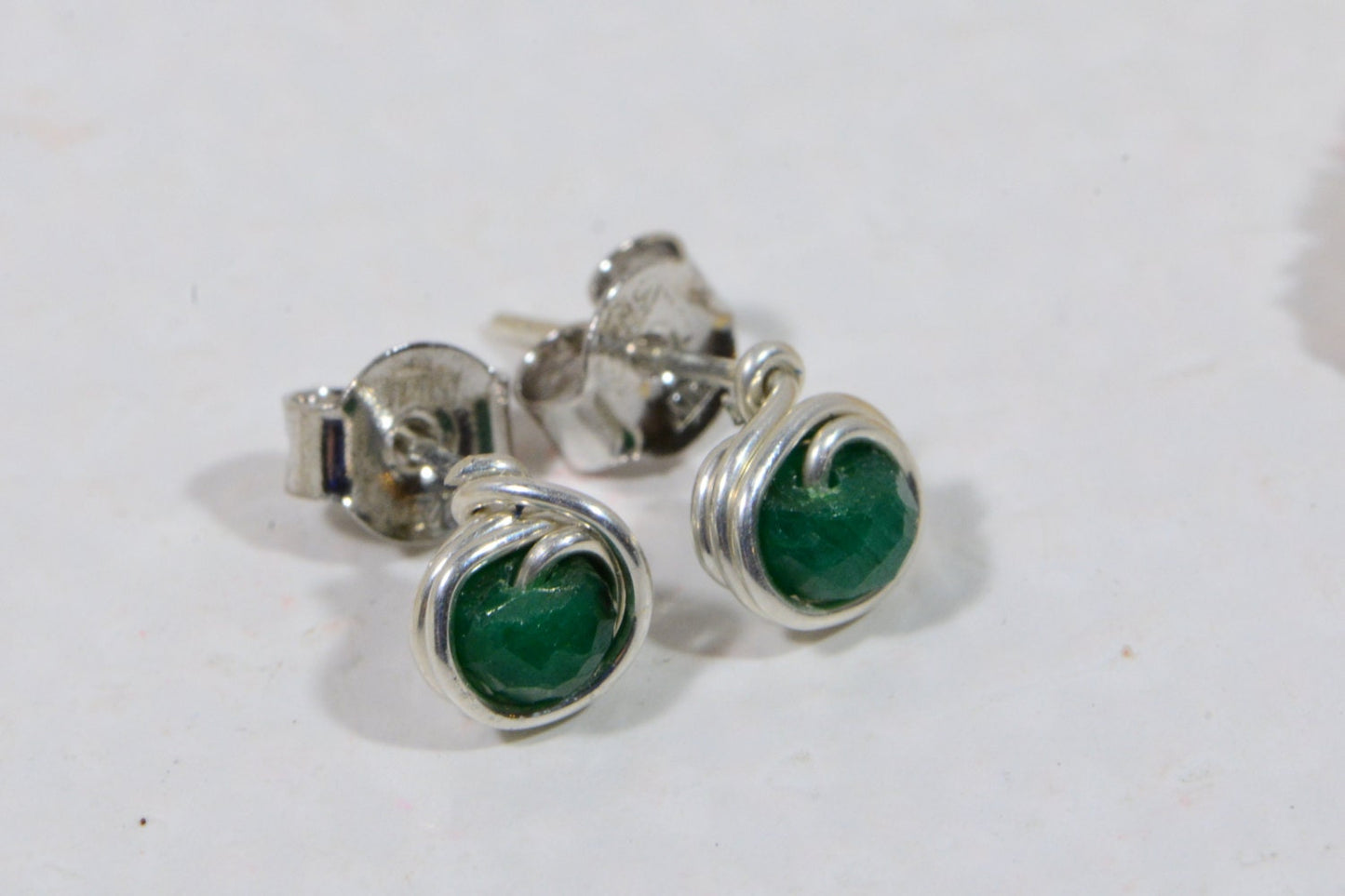 Emerald Stud Earrings, Sterling Silver Wire Wrapped, Tiny Gemstone Posts