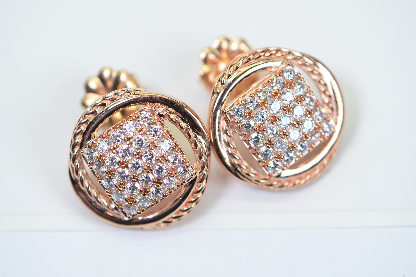 Rose Gold Simulated Diamond Stud Earrings: Sterling Silver Square Halo