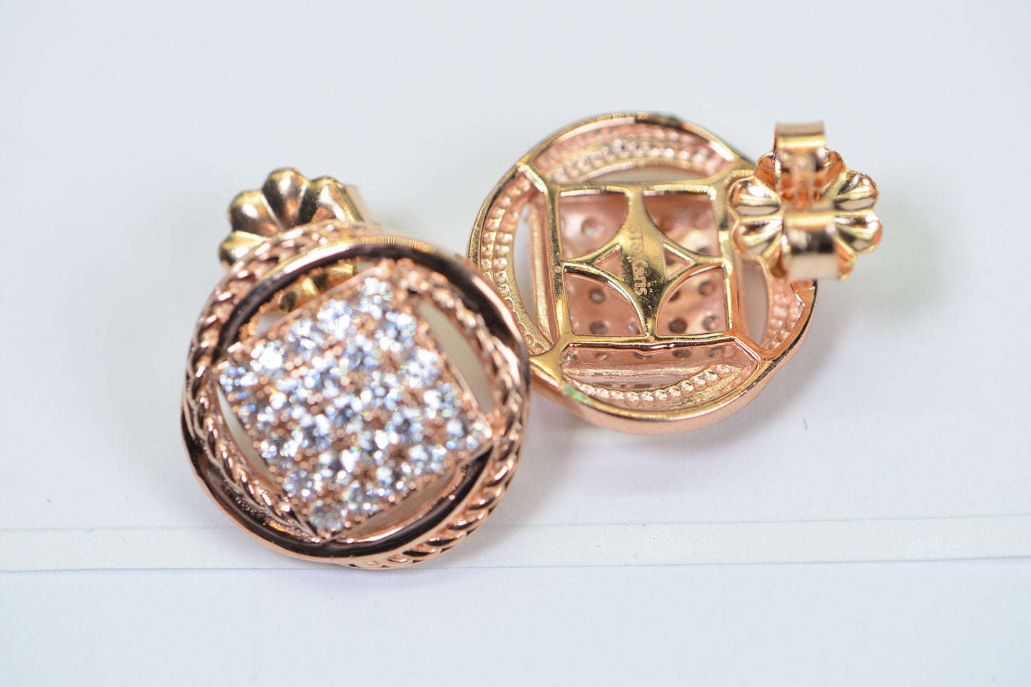 Rose Gold Simulated Diamond Stud Earrings: Sterling Silver Square Halo
