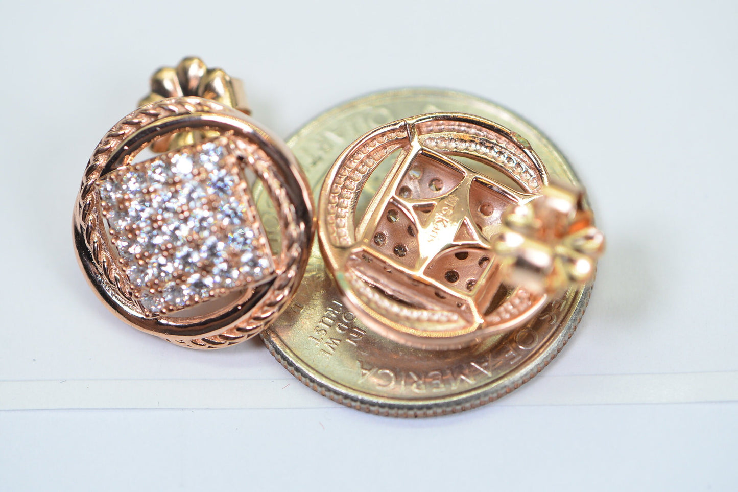 Rose Gold Simulated Diamond Stud Earrings: Sterling Silver Square Halo