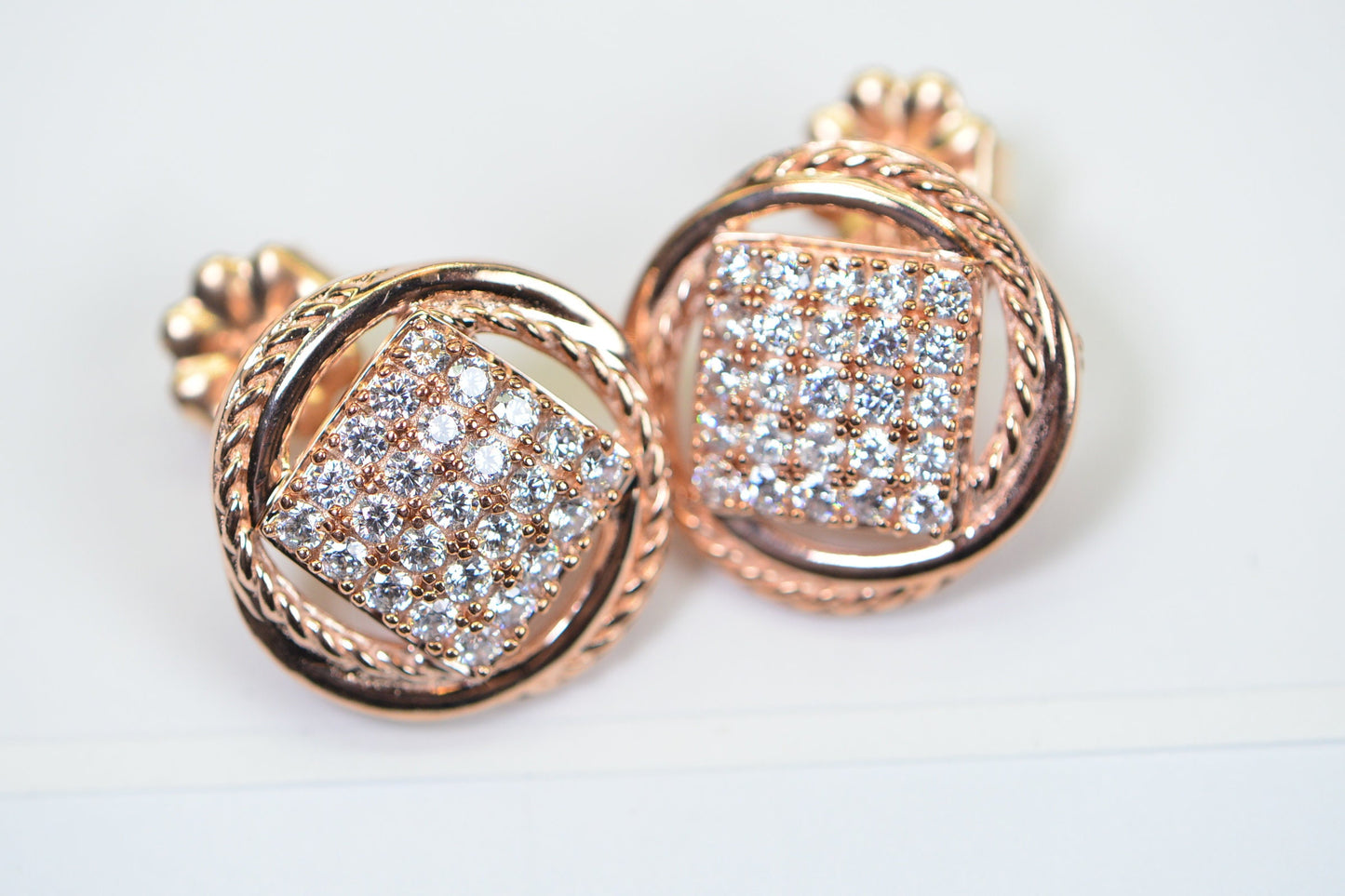 Rose Gold Simulated Diamond Stud Earrings: Sterling Silver Square Halo