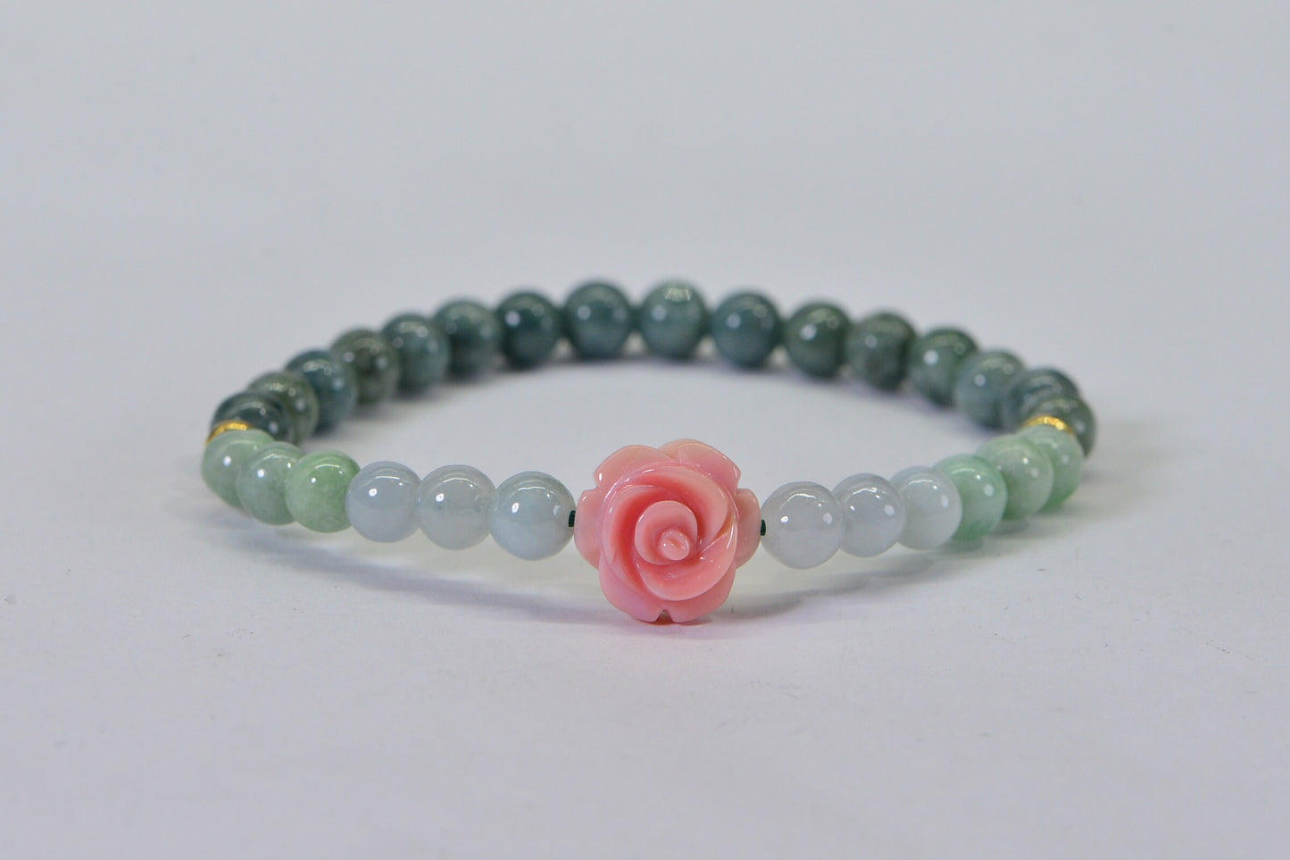 Burma Jade Ombre Bracelet: Pink Conch Rose, 14K Gold Beads