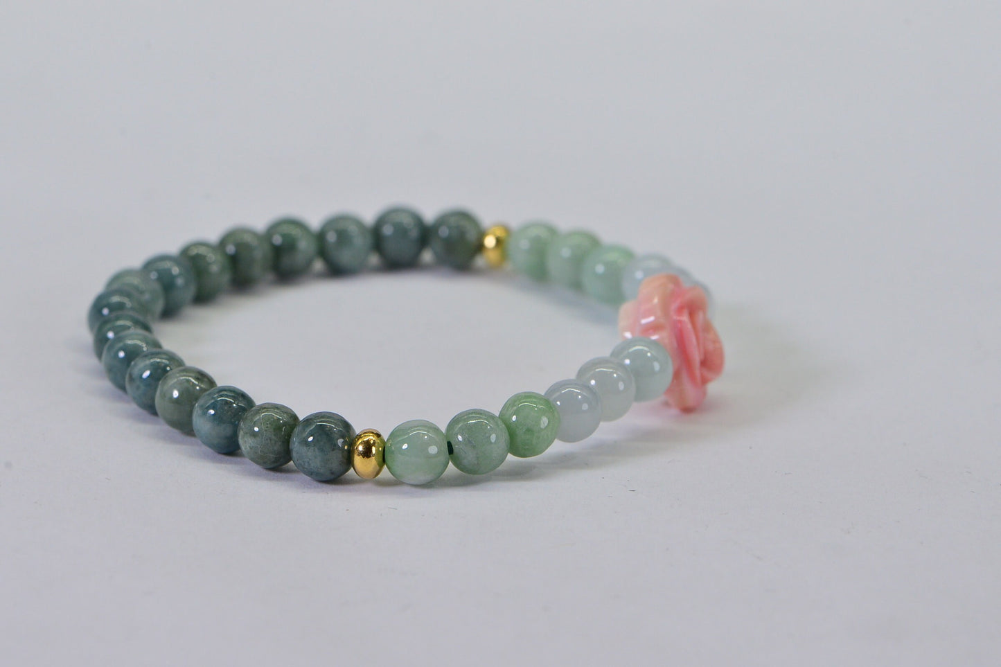 Burma Jade Ombre Bracelet: Pink Conch Rose, 14K Gold Beads