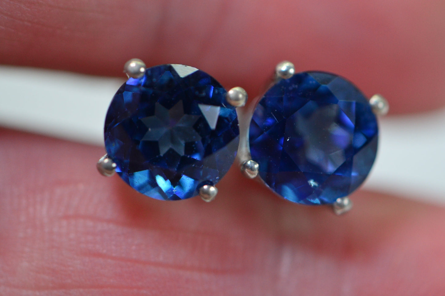 8mm Lab Sapphire Stud Earrings: Sterling Silver September Birthstone