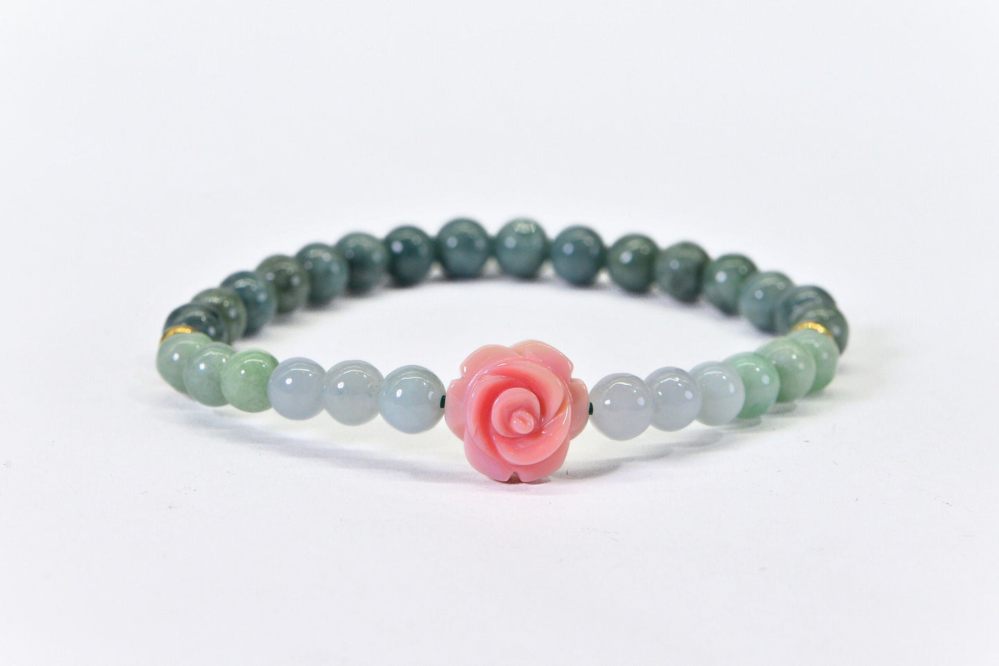 Burma Jade Ombre Bracelet: Pink Conch Rose, 14K Gold Beads