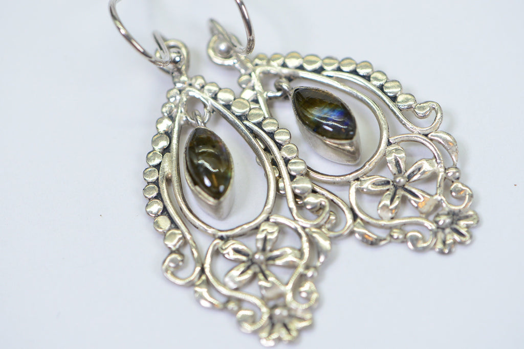 Filigree Labradorite Earrings: Sterling Silver Floral Dangle