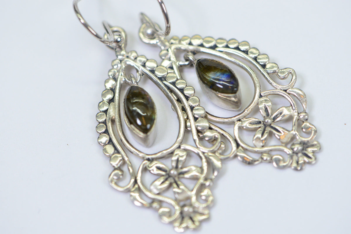 Filigree Labradorite Earrings: Sterling Silver Floral Dangle