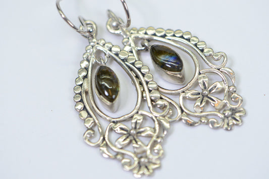 Filigree Labradorite Earrings: Sterling Silver Floral Dangle