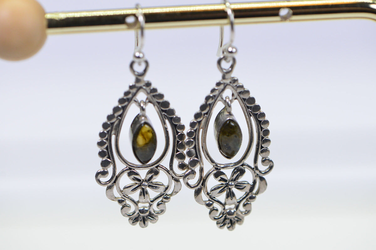 Filigree Labradorite Earrings: Sterling Silver Floral Dangle
