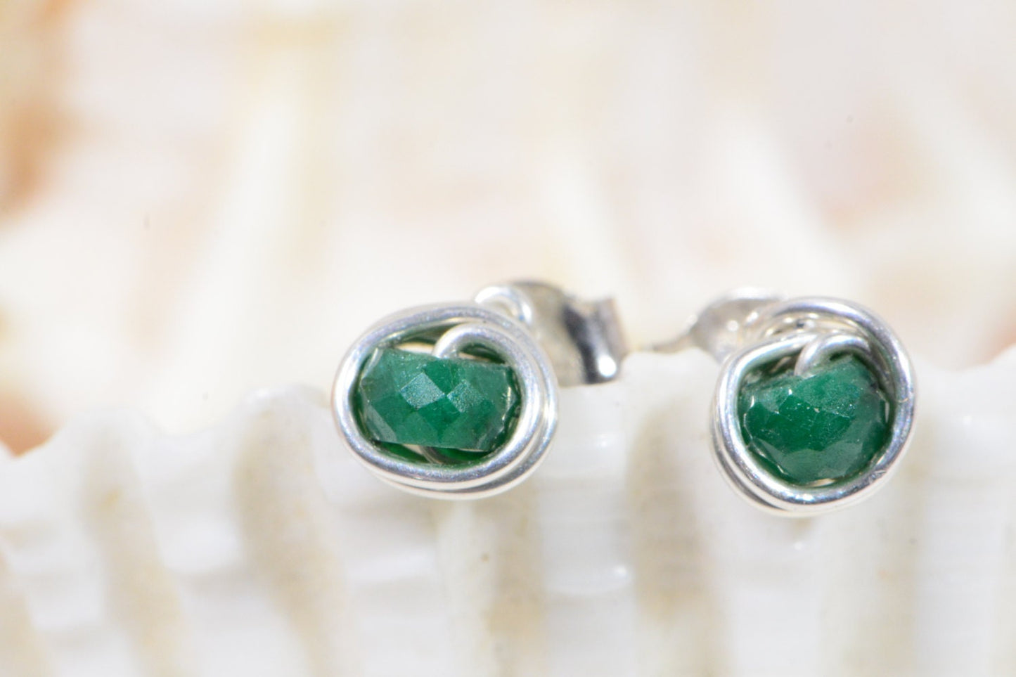 Emerald Stud Earrings, Sterling Silver Wire Wrapped, Tiny Gemstone Posts