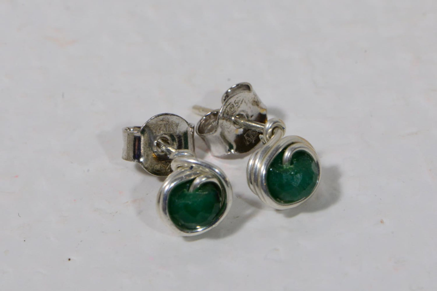 Emerald Stud Earrings, Sterling Silver Wire Wrapped, Tiny Gemstone Posts