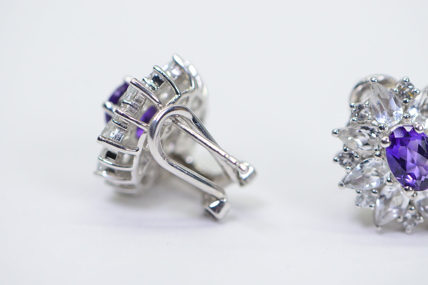 Vintage Elegance Genuine Amethyst and White Topaz Flower Design Earrings