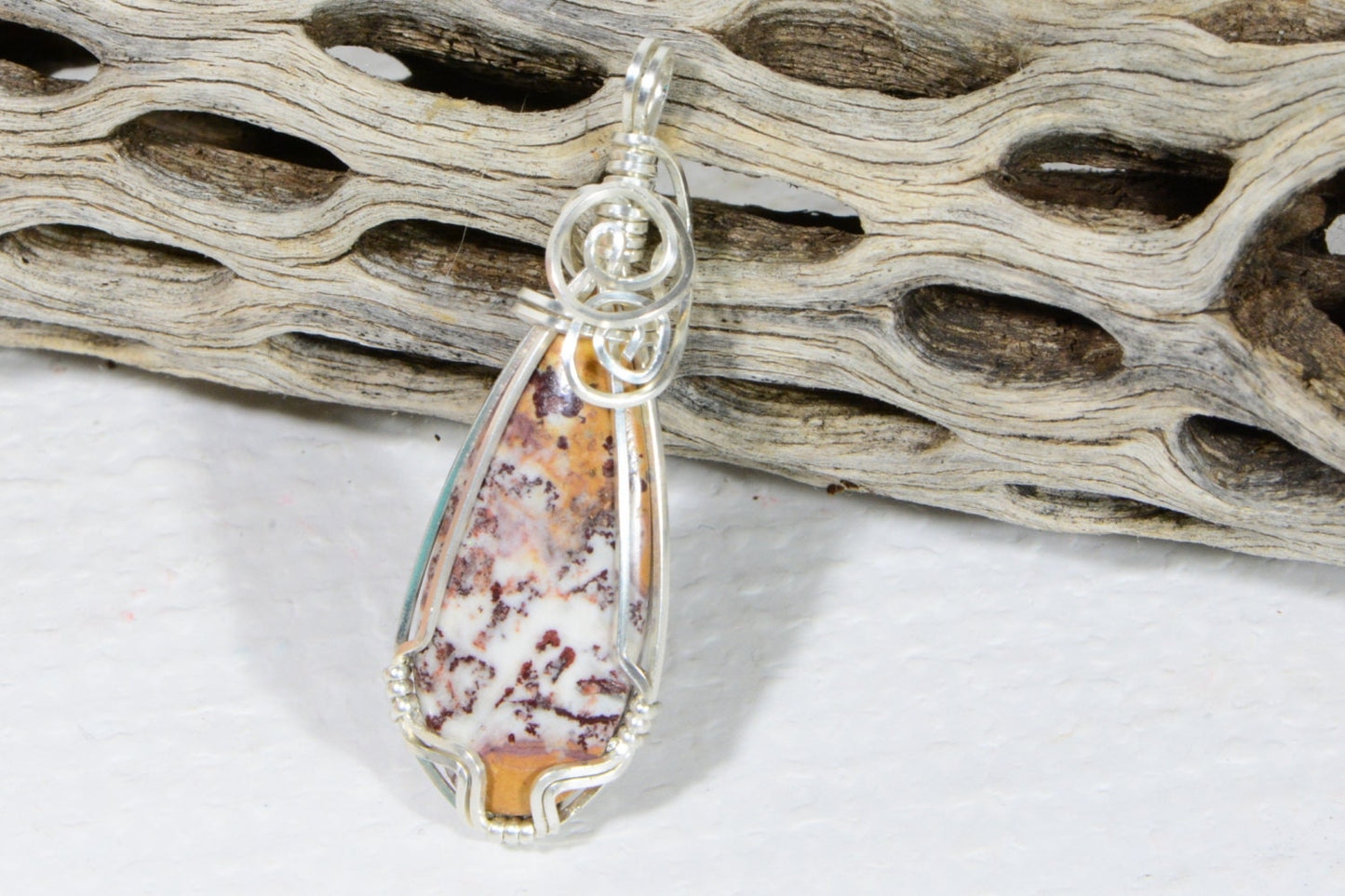 Picture Jasper Necklace: Sterling Silver Wire Wrapped Teardrop Pendant