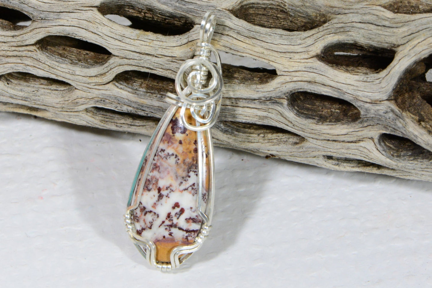 Picture Jasper Necklace: Sterling Silver Wire Wrapped Teardrop Pendant