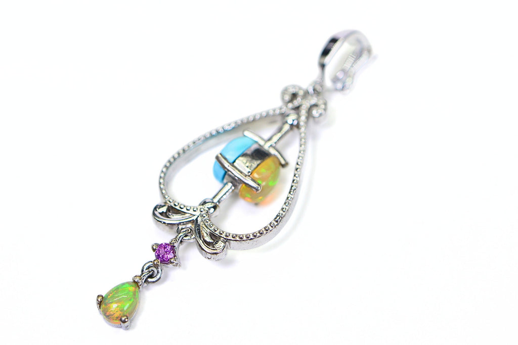Vintage Sterling Silver Teardrop Pendant: Ethiopian Opal & Sleeping Beauty Turquoise