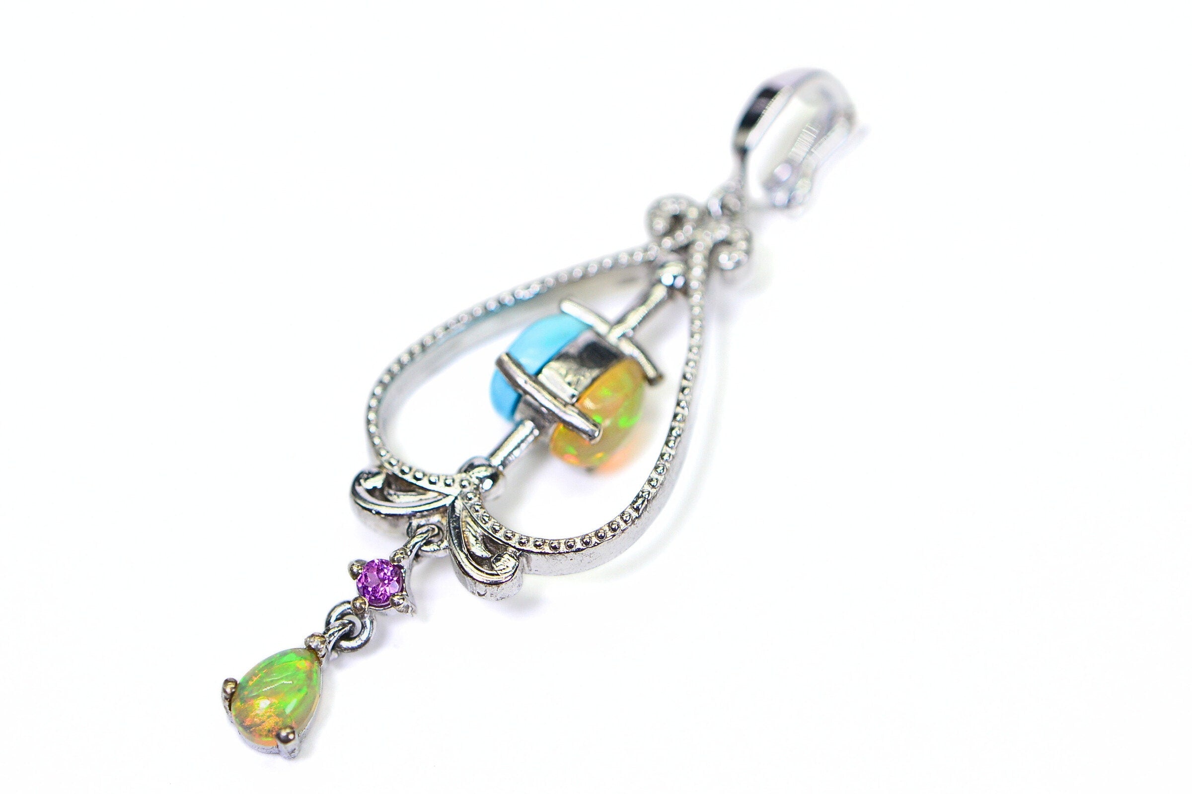 Vintage Sterling Silver Teardrop Pendant: Ethiopian Opal & Sleeping Beauty Turquoise