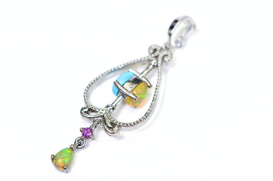 Vintage Sterling Silver Teardrop Pendant: Ethiopian Opal & Sleeping Beauty Turquoise