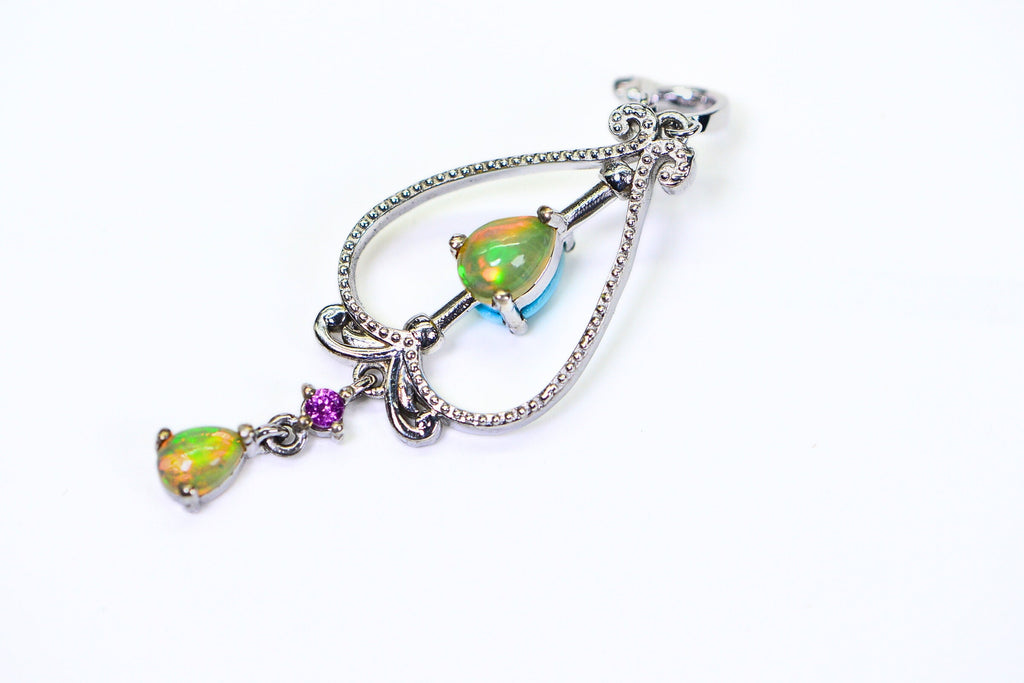 Vintage Sterling Silver Teardrop Pendant: Ethiopian Opal & Sleeping Beauty Turquoise