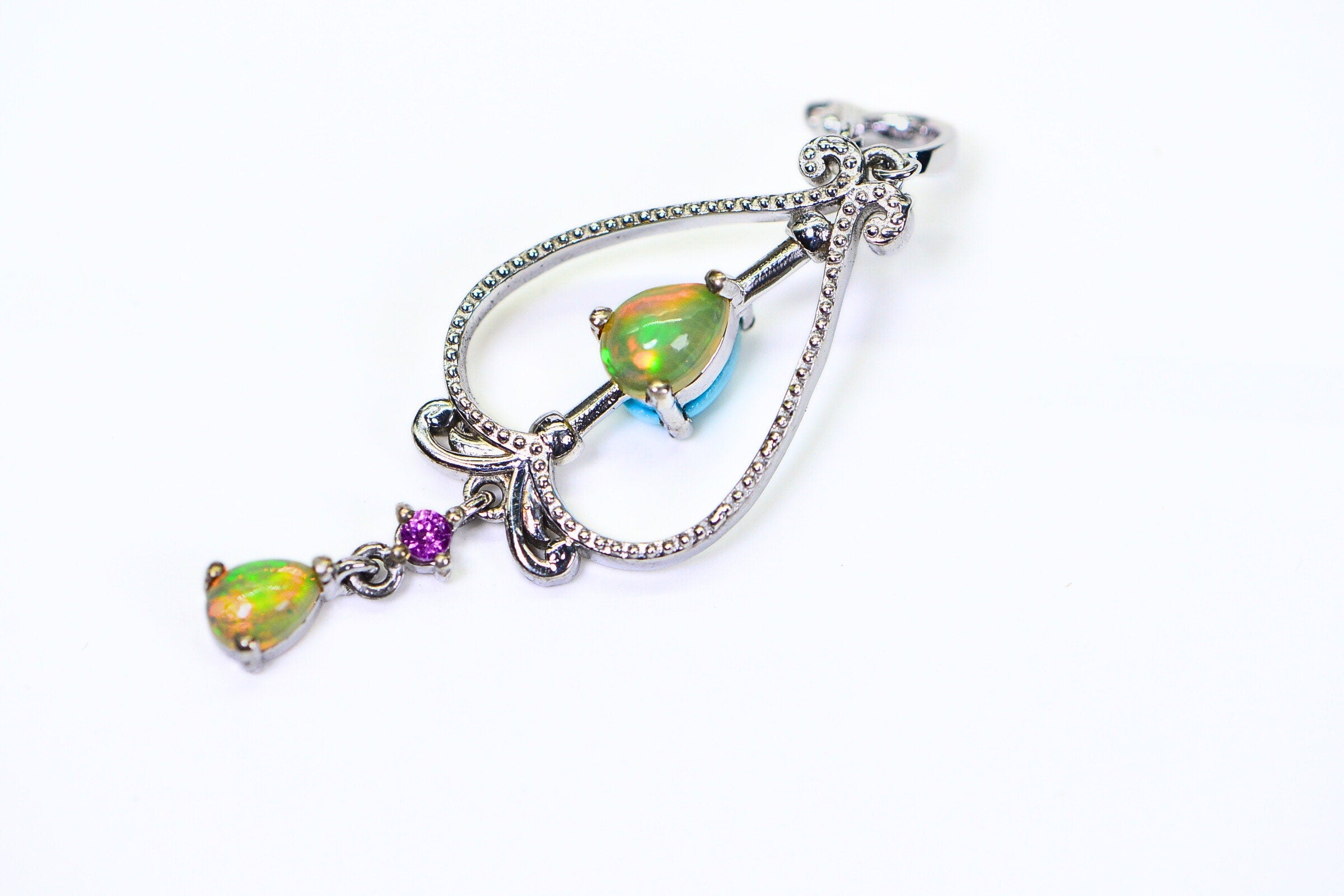 Vintage Sterling Silver Teardrop Pendant: Ethiopian Opal & Sleeping Beauty Turquoise