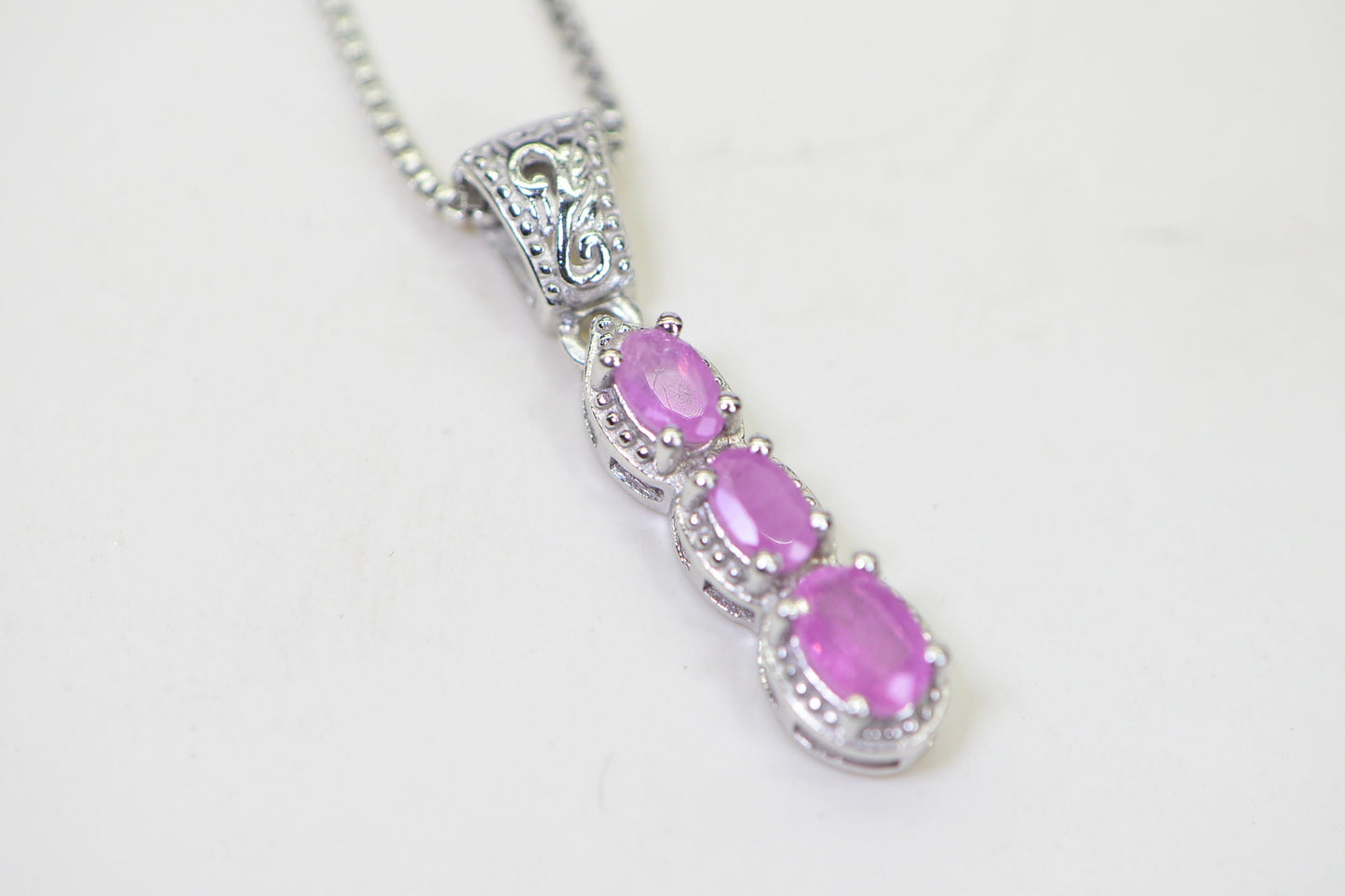 Pink Sapphire Sterling Silver Necklace: Three Stone Stick Pendant
