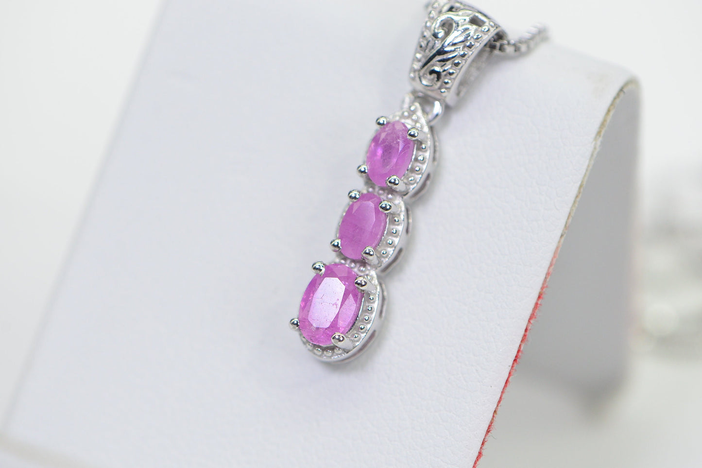 Pink Sapphire Sterling Silver Necklace: Three Stone Stick Pendant