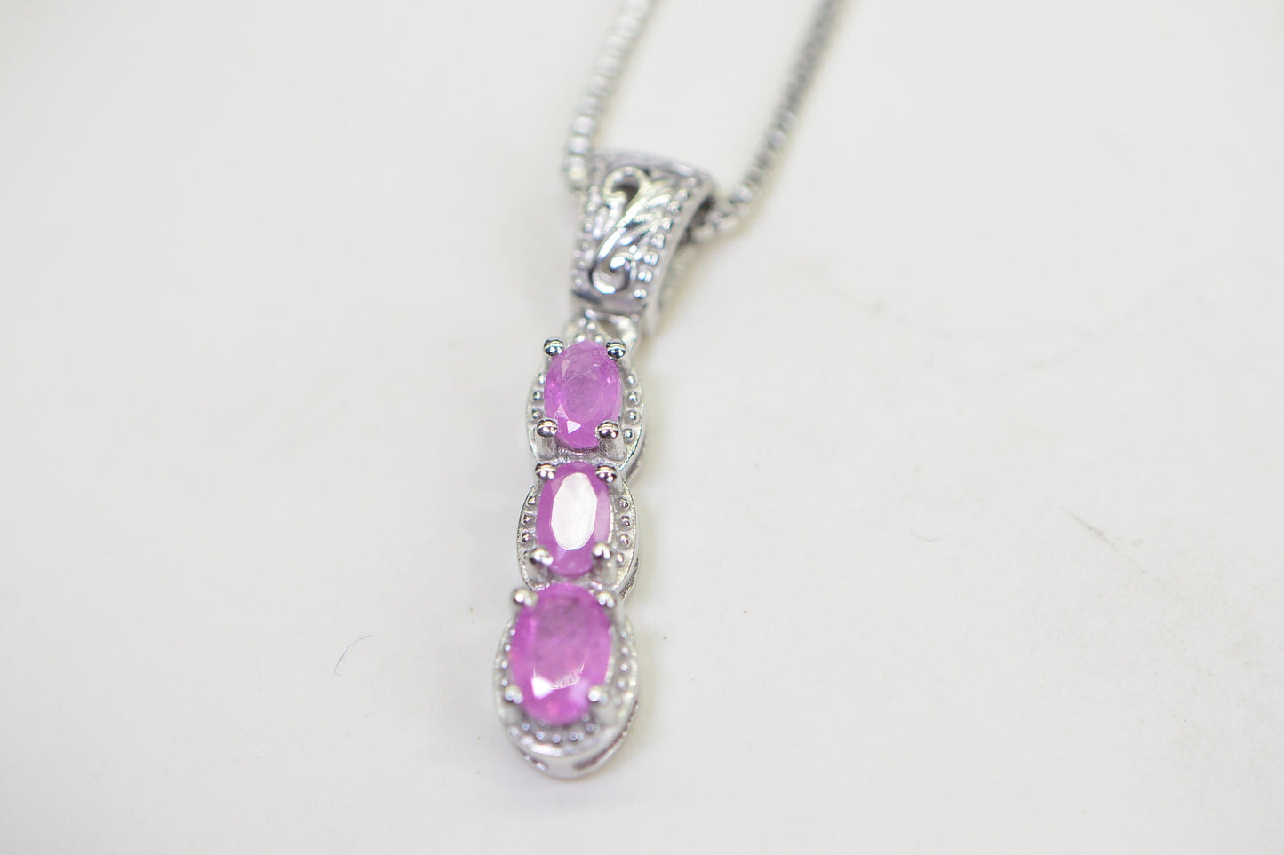 Pink Sapphire Sterling Silver Necklace: Three Stone Stick Pendant