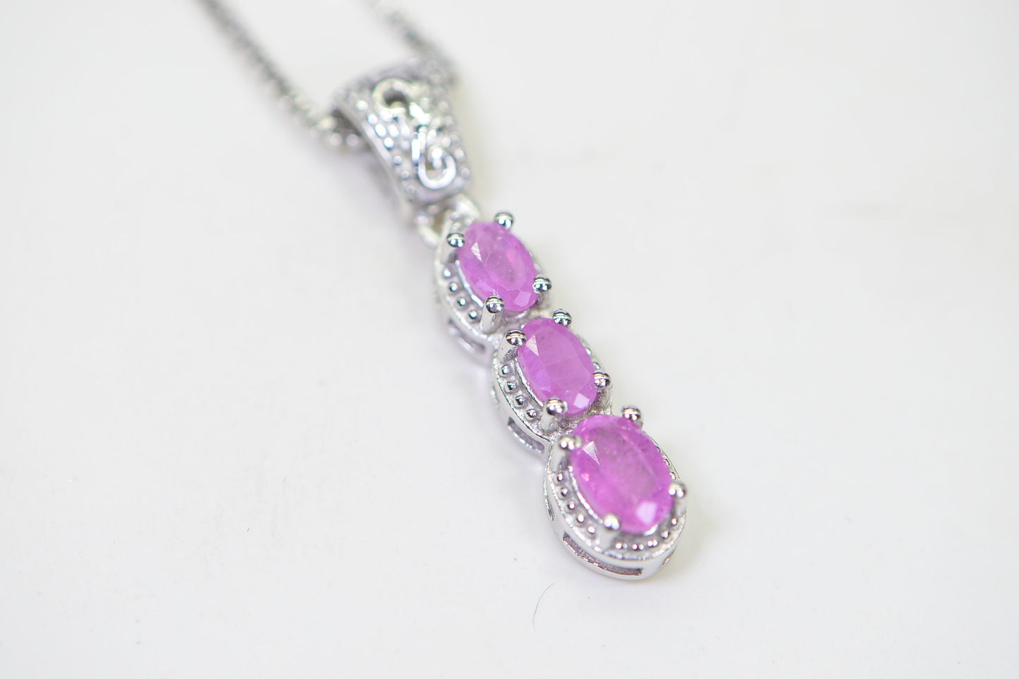 Pink Sapphire Sterling Silver Necklace: Three Stone Stick Pendant