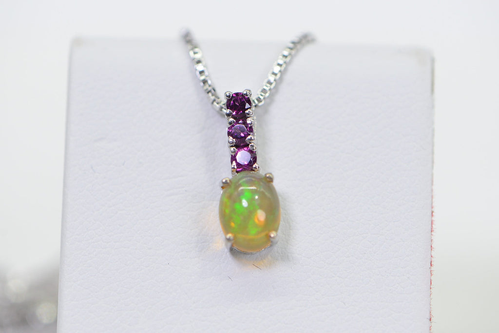 Ethiopian Opal & Garnet Sterling Silver Pendant Necklace
