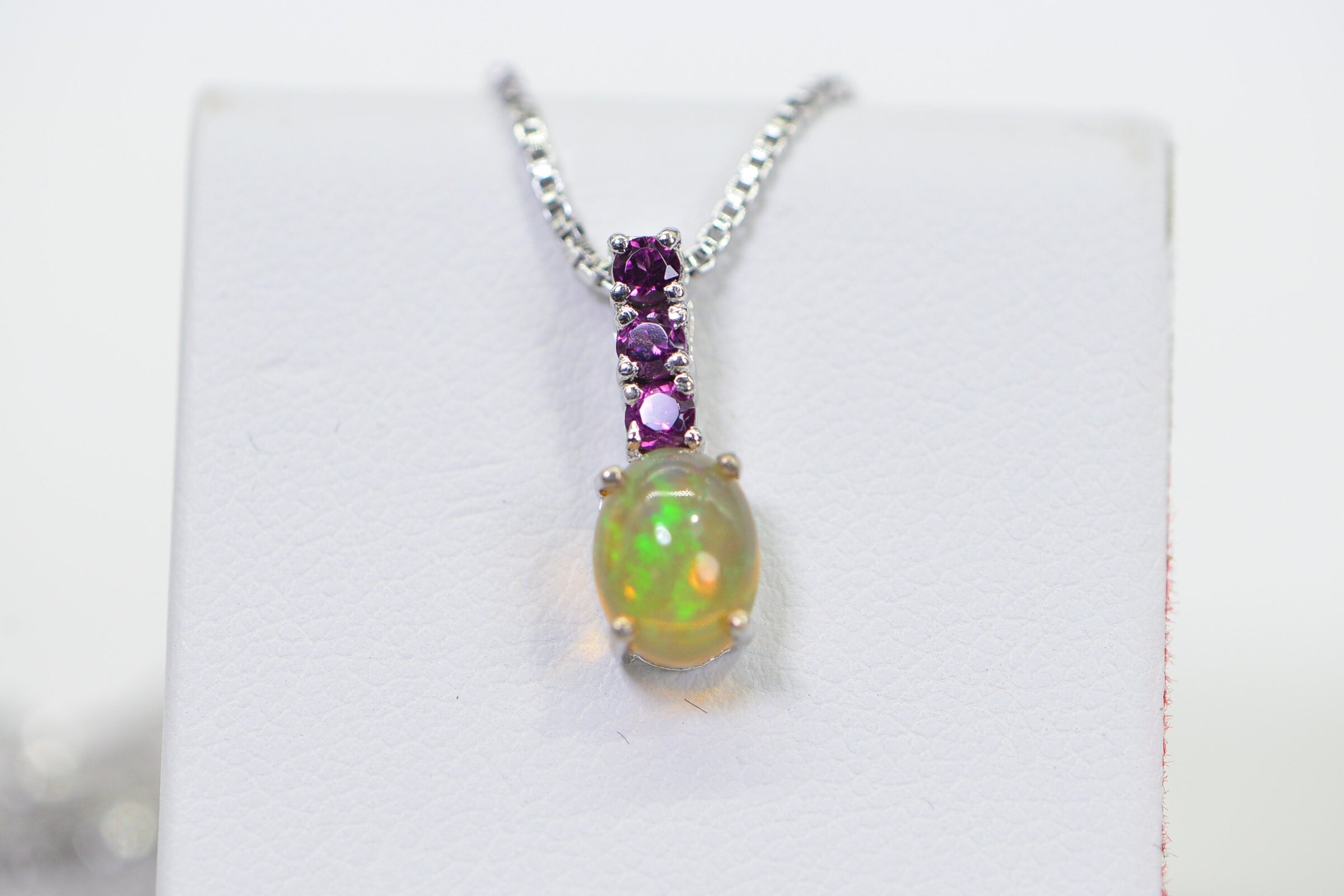 Ethiopian Opal & Garnet Sterling Silver Pendant Necklace