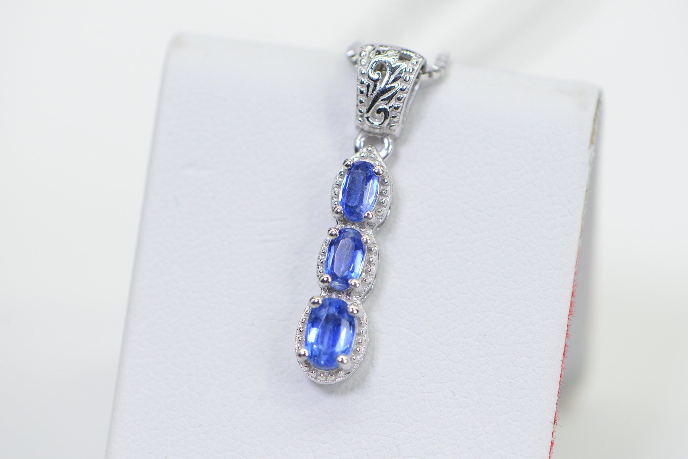 Sapphire Vertical Bar Pendant Necklace: 14K White Gold Over Sterling Silver