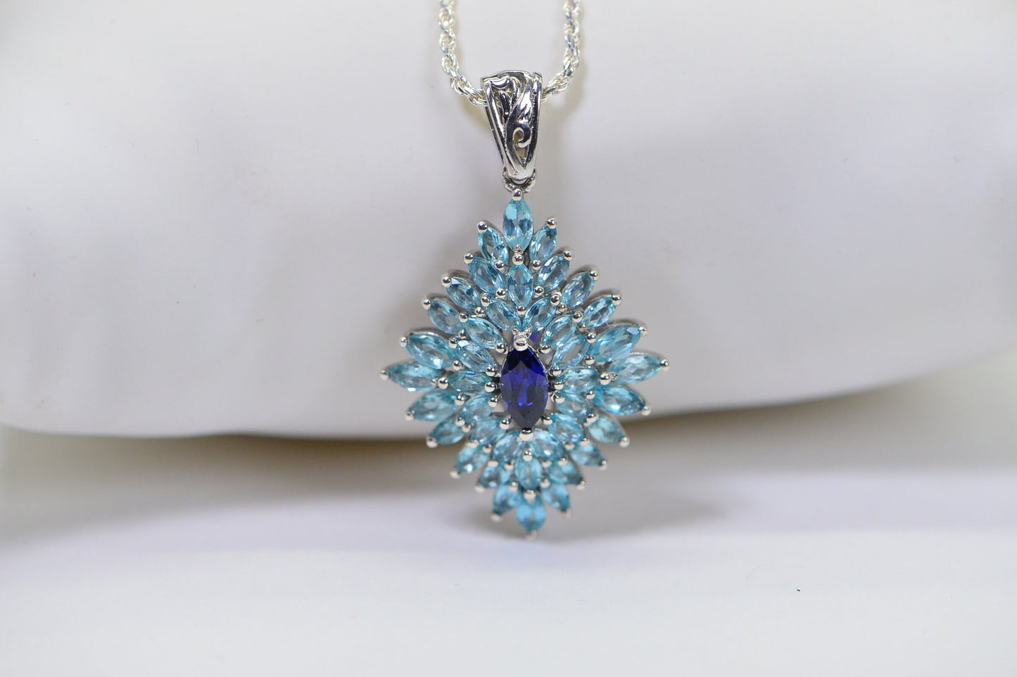 Madagascar Apatite Floral Pendant: Sterling Silver Marquise Halo Necklace