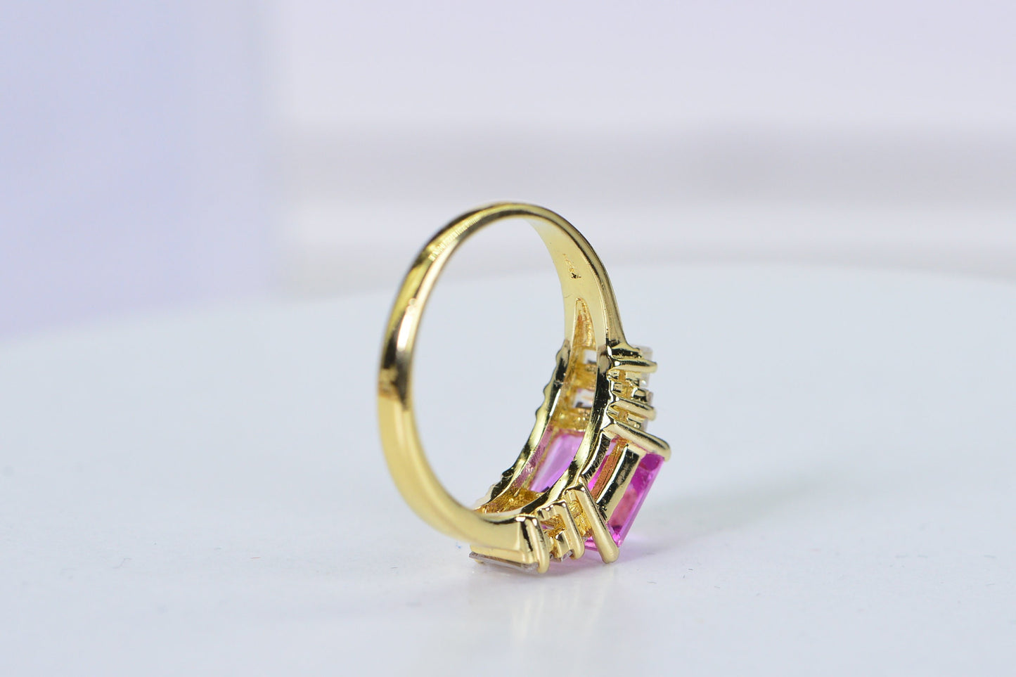Hot Pink Sapphire Princess Cut Ring: 14K Gold Over Sterling Silver